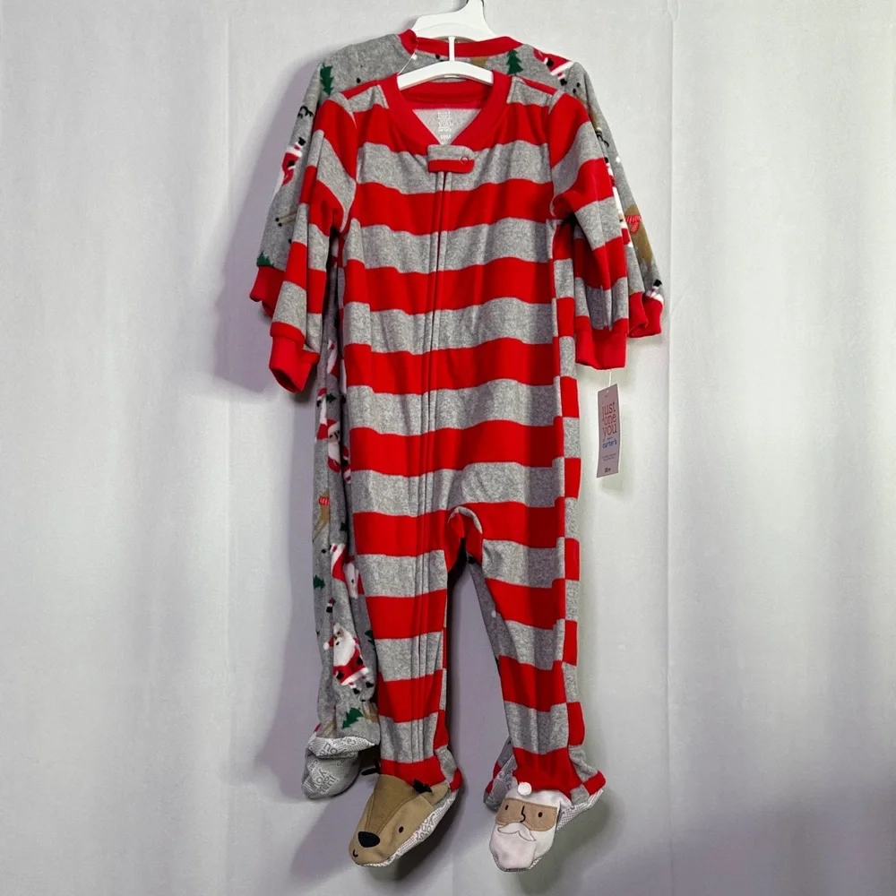 Carter’s Christmas Pajamas Set of 2 Red and Gray Footed Full Zip